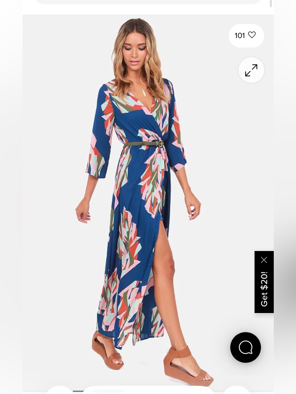 Everly Blue and Pink Patterned 3/4 Sleeve Long Dress Size Small